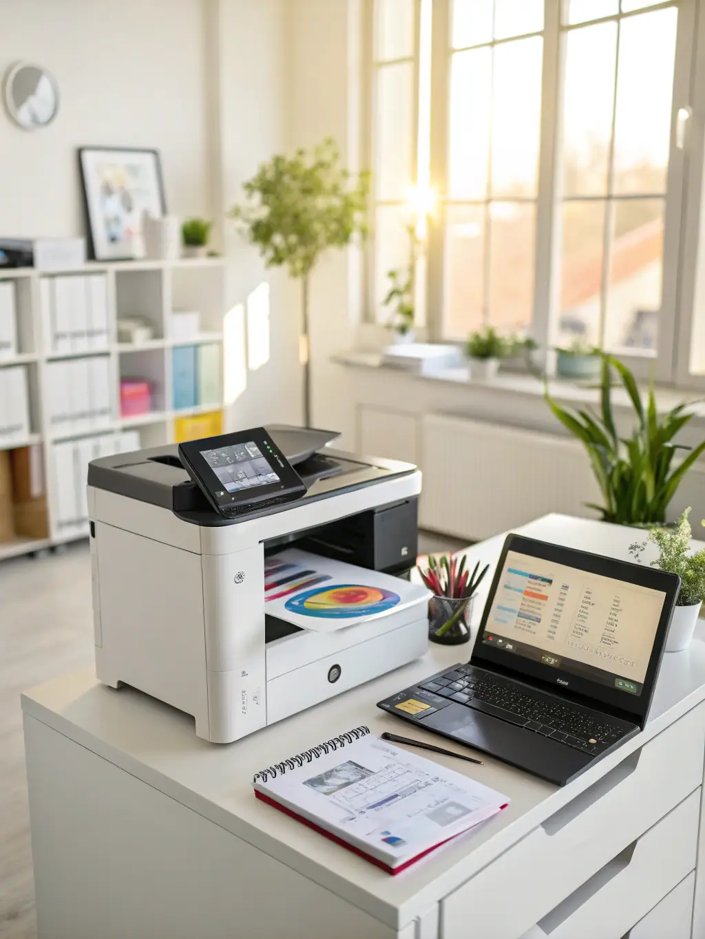 A Canon PIXMA TR8620 printer on a desk with a potted plant in the background, emphasizing its eco-friendly features and compact design.