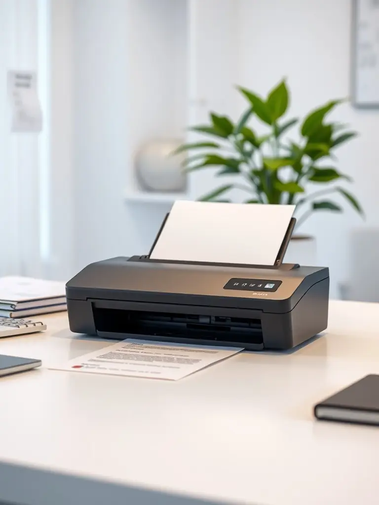 An Epson WorkForce ES-400 scanner scanning a document with a green leaf overlay, emphasizing its energy efficiency and eco-friendly design.